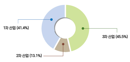 3차산업(32.4%, 2차산업(21.0%), 1차산업(46.6%)