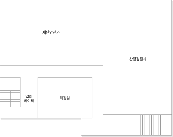 계단으로 올라오시면 왼쪽으로 풀뿌리경제과, 오른쪽으로 엘리베이터, 화장실, 산림정원과가 있습니다.