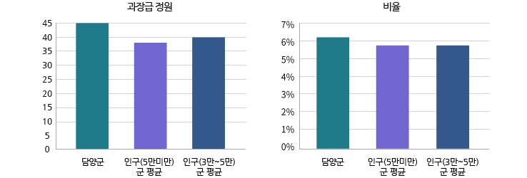 과장급 정원:담양군, 유형별 평균, 기구설치기준 평균. 비율:담양군, 유형별 평균, 기구설치기준 평균을 나타낸 그래프
